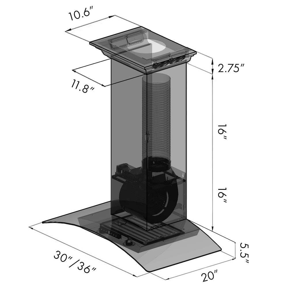 ZLINE 36 in. CrownSound™ Ducted Vent Wall Mount Range Hood in Stainless Steel and Glass with Built-in Bluetooth Speakers (KZCRN-BT-36)