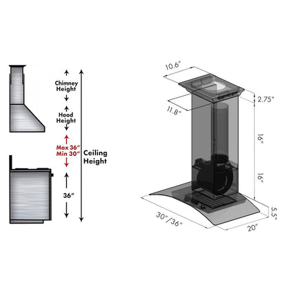 ZLINE 36 in. CrownSound™ Ducted Vent Wall Mount Range Hood in Stainless Steel and Glass with Built-in Bluetooth Speakers (KZCRN-BT-36)
