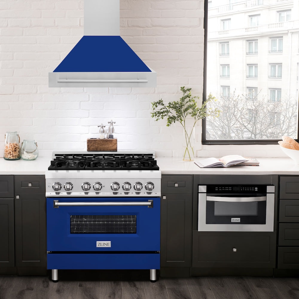 ZLINE 36 in. Stainless Steel Range Hood with Blue Gloss Shell and Stainless Steel Handle (8654STX-BG-36)