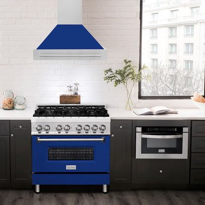 ZLINE 36 in. Stainless Steel Range Hood with Blue Gloss Shell and Stainless Steel Handle (8654STX-BG-36)
