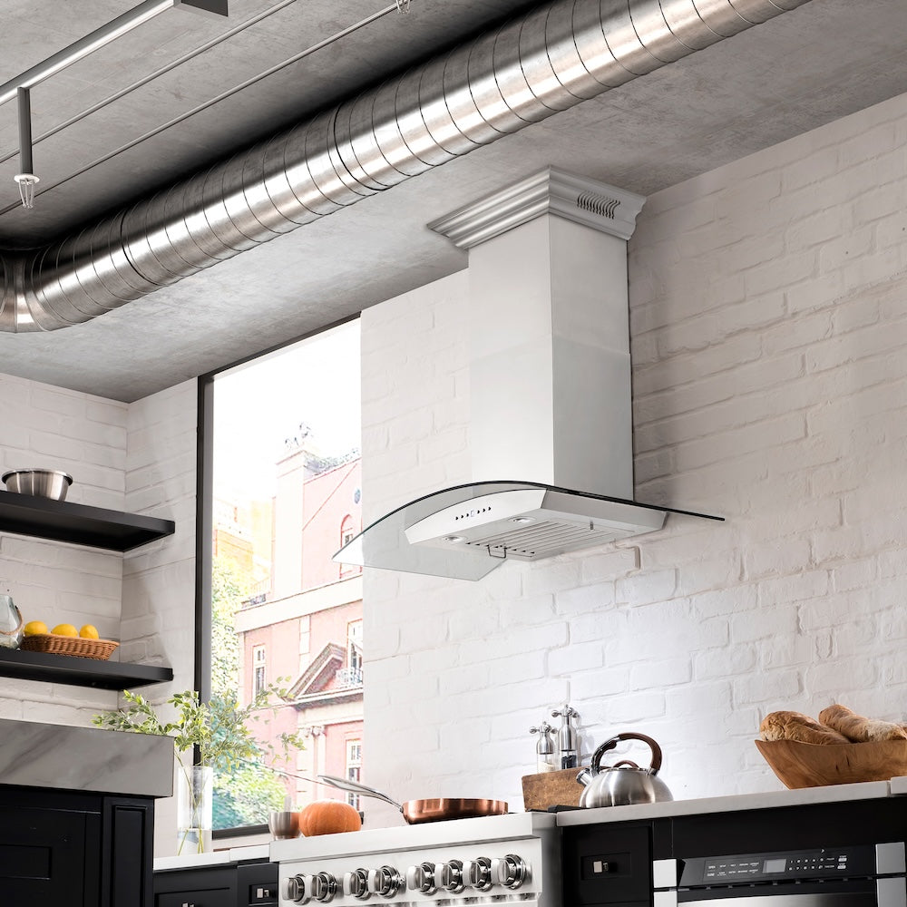 ZLINE 30 in. CrownSound™ Ducted Vent Wall Mount Range Hood in Stainless Steel and Glass with Built-in Bluetooth Speakers (KZCRN-BT-30)