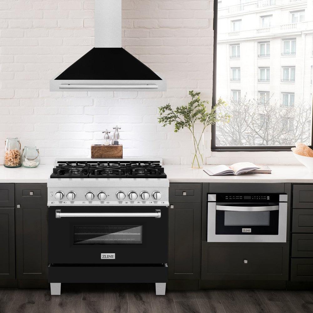 ZLINE 36 in. Convertible Satin Stainless Steel Wall Mount Range Hood with Black Matte Shell and Stainless Steel Handle (KB4SNX-BLM-36)