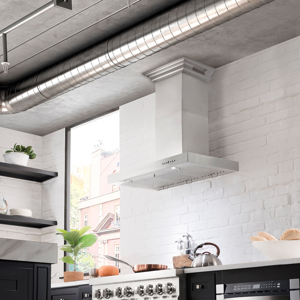 ZLINE 48 in. CrownSound™ Ducted Vent Wall Mount Range Hood in Stainless Steel with Built-in Bluetooth Speakers (KECRN-BT-48)