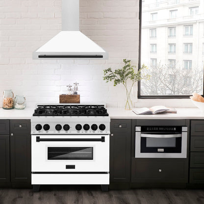 ZLINE Autograph Edition 36 in. Convertible Satin Stainless Steel Wall Mount Range Hood with White Matte Shell and Matte Black Handle (KB4SNZ-WM36-MB)