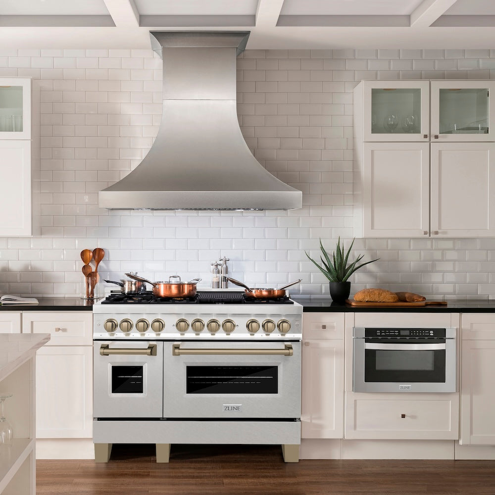 ZLINE Autograph Edition 48 in. 6.0 cu. ft. Legacy Dual Fuel Range with 7 Burner Gas Cooktop and 2 Electric Ovens in Satin Stainless Steel and Champagne Bronze Accents (RASZ-SN-48-CB)