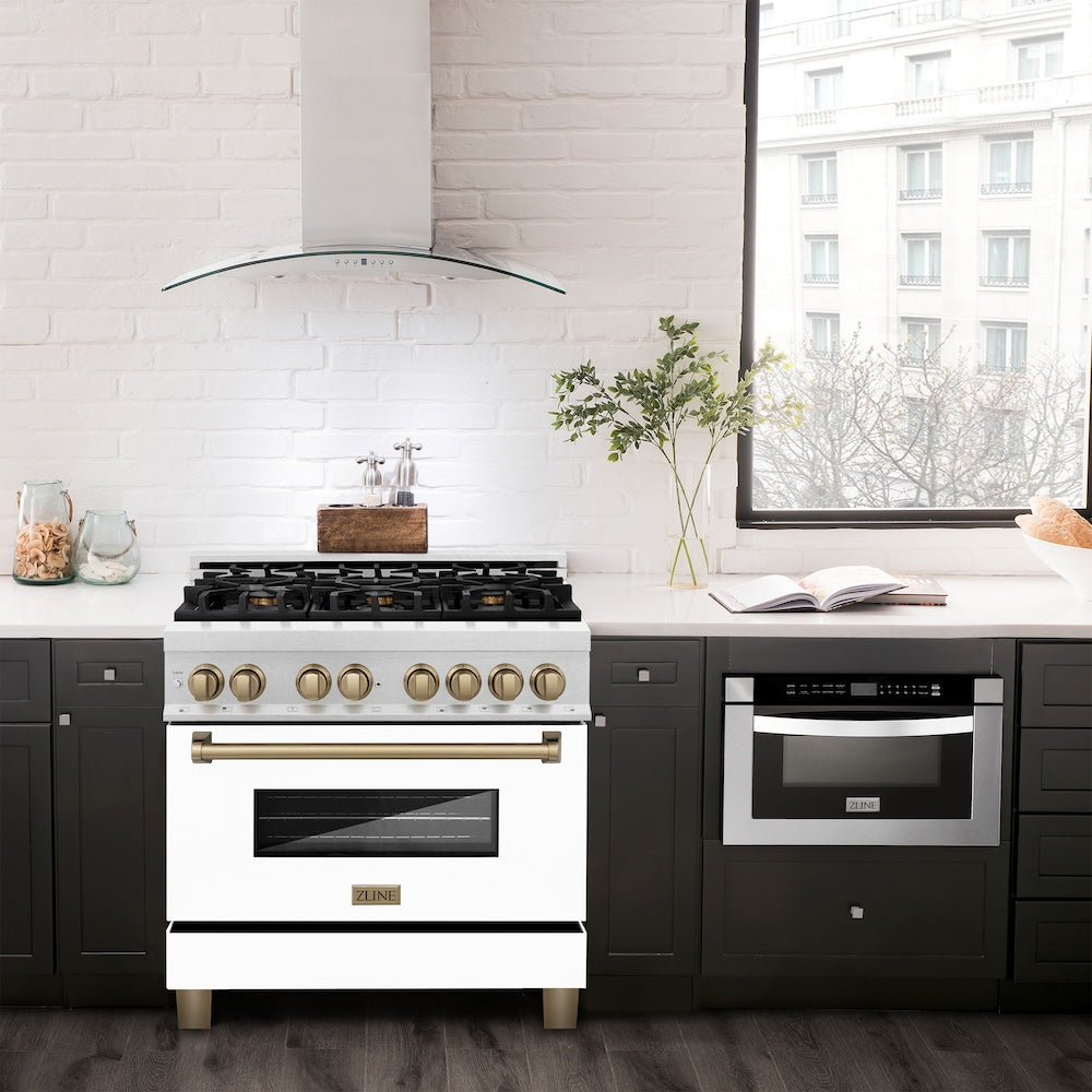 ZLINE Autograph Edition 36 in. 4.6 cu. ft. Legacy Dual Fuel Range with 6 Burner Gas Cooktop and Electric Convection Oven in Satin Stainless Steel with White Matte Door and Champagne Bronze Accents (RASZ-WM-36-CB)