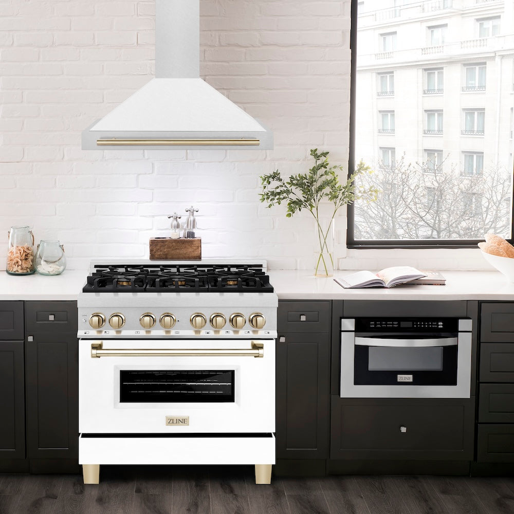 ZLINE Autograph Edition 36 in. Convertible Satin Stainless Steel Wall Mount Range Hood with White Matte Shell and Polished Gold Handle (KB4SNZ-WM36-G)