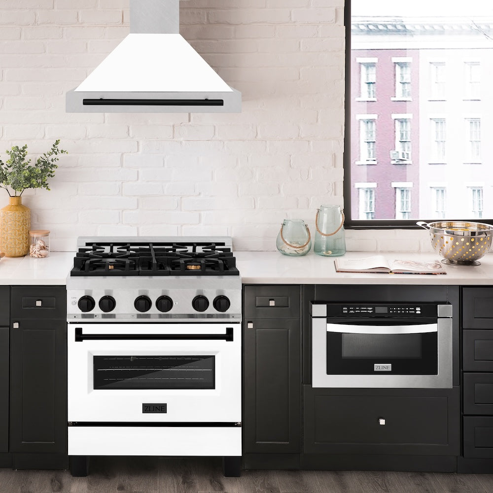 ZLINE Autograph Edition 30 in. Convertible Satin Stainless Steel Wall Mount Range Hood with White Matte Shell and Matte Black Handle (KB4SNZ-WM30-MB)