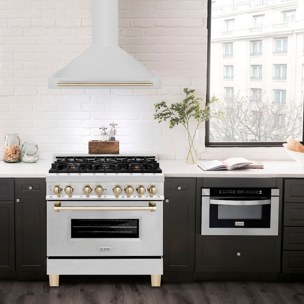 ZLINE Autograph Edition 36 in. Convertible Stainless Steel Range Hood with Stainless Steel Shell and Polished Gold Accents (KB4STZ-36-G)