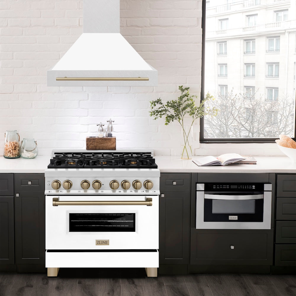 ZLINE Autograph Edition 36 in. Satin Stainless Steel Wall Mount Range Hood with White Matte Shell and Champagne Bronze Handle (8654SNZ-WM36-CB)