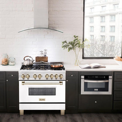 ZLINE Autograph Edition 36 in. 4.6 cu. ft. Legacy Dual Fuel Range with 6 Burner Gas Cooktop and Electric Convection Oven in Stainless Steel with White Matte Door and Polished Gold Accents (RAZ-WM-36-G)