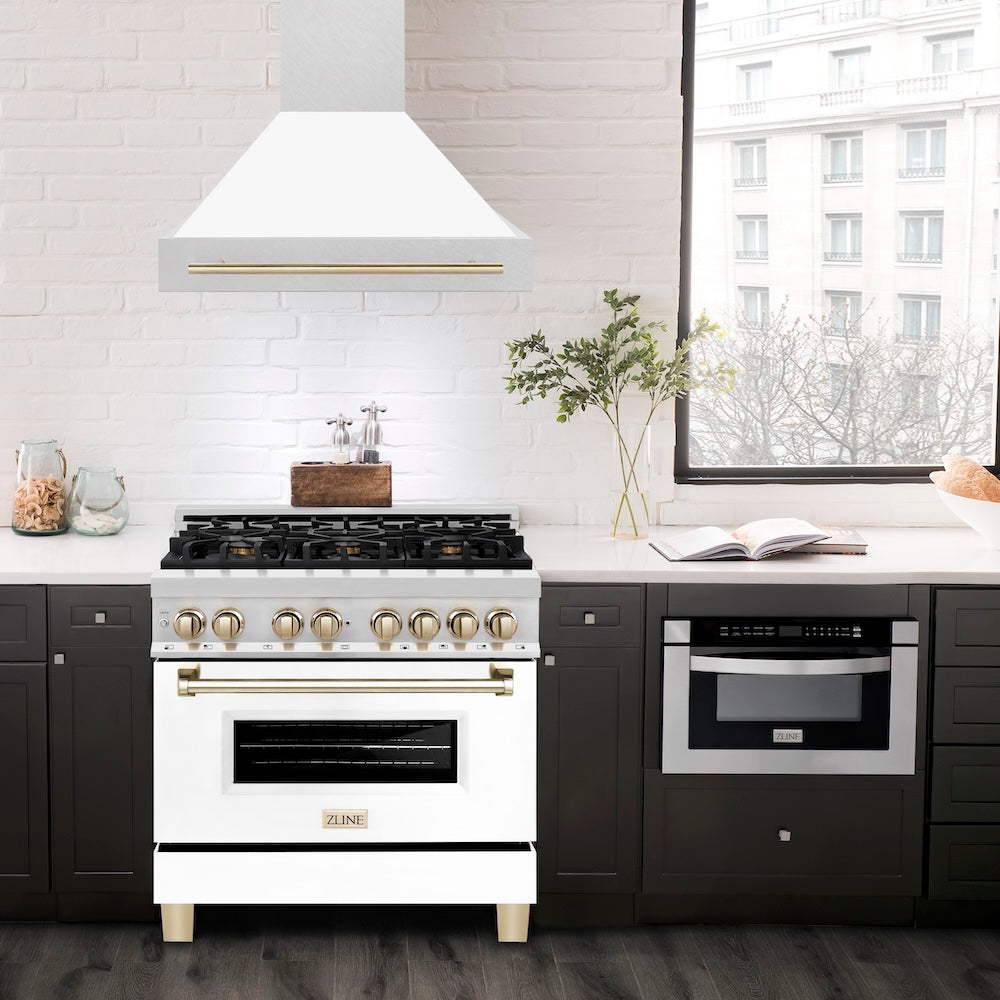 ZLINE Autograph Edition 36 in. Satin Stainless Steel Wall Mount Range Hood with White Matte Shell and Polished Gold Handle (8654SNZ-WM36-G)