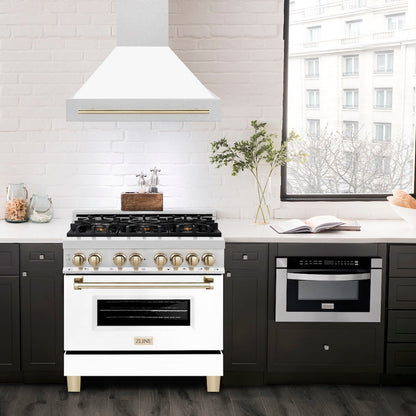 ZLINE Autograph Edition 36 in. Satin Stainless Steel Wall Mount Range Hood with White Matte Shell and Polished Gold Handle (8654SNZ-WM36-G)
