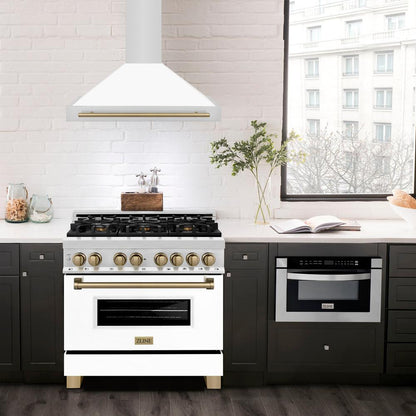 ZLINE Autograph Edition 36 in. Convertible Stainless Steel Range Hood with White Matte Shell and Champagne Bronze Accents (KB4STZ-WM36-CB)