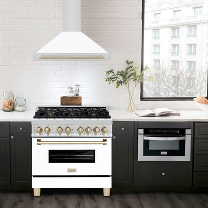 ZLINE Autograph Edition 36 in. Convertible Stainless Steel Range Hood with White Matte Shell and Polished Gold Accents (KB4STZ-WM36-G)