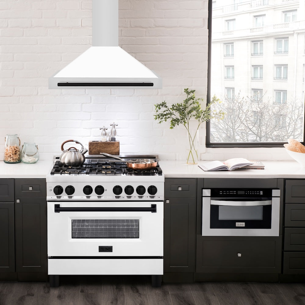 ZLINE Autograph Edition 36 in. Convertible Stainless Steel Range Hood with White Matte Shell and Matte Black Accents (KB4STZ-WM36-MB)
