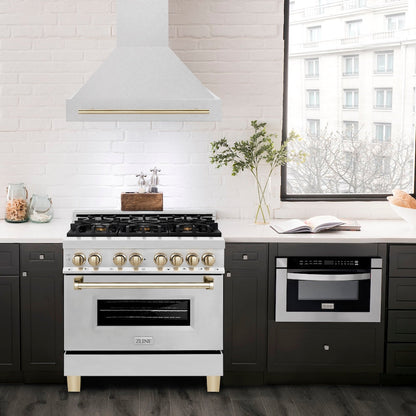 ZLINE Autograph Edition 36 in. Satin Stainless Steel Wall Mount Range Hood with Polished Gold Handle (8654SNZ-36-G)