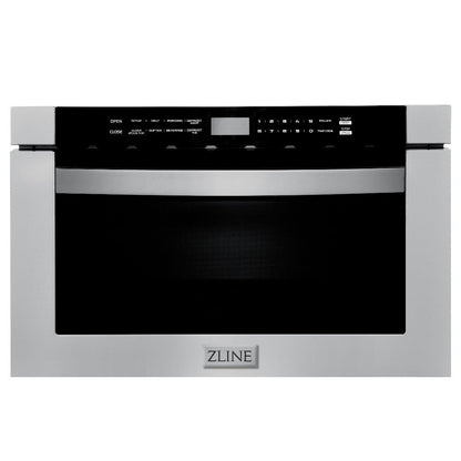 ZLINE Kitchen Package with Refrigerator, 36 in. Stainless Steel Dual Fuel Range, 36 in. Convertible Vent Range Hood, 24 in. Microwave Drawer, and 24 in. Tall Tub Dishwasher (5KPR-RARH36-MWDWV)