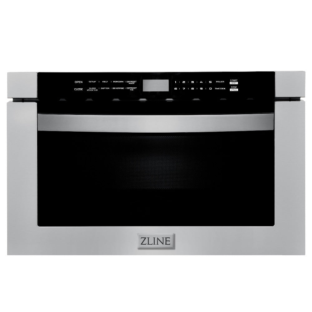 ZLINE Kitchen Package with Refrigerator, 48 in. Stainless Steel Dual Fuel Range, 48 in. Convertible Vent Range Hood, 24 in. Microwave Drawer, and 24 in. Tall Tub Dishwasher (5KPR-RARH48-MWDWV)