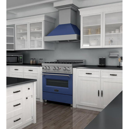 ZLINE 30 in. 4.0 cu. ft. Legacy Dual Fuel Range with 4 Burner Gas Cooktop and Electric Convection Oven in Satin Stainless Steel and Blue Matte Door (RAS-BM-30)