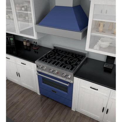 ZLINE 30 in. 4.0 cu. ft. Legacy Dual Fuel Range with 4 Burner Gas Cooktop and Electric Convection Oven in Satin Stainless Steel and Blue Matte Door (RAS-BM-30)