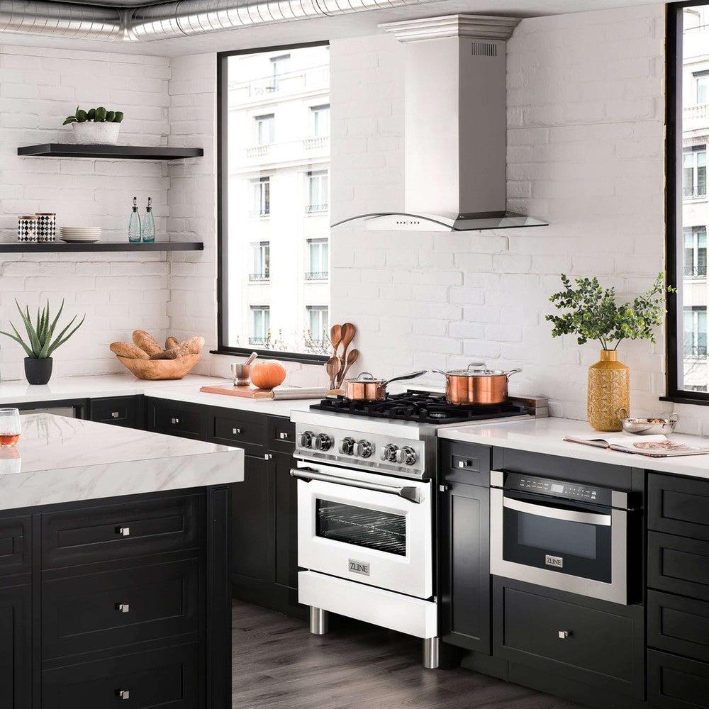 ZLINE 30 in. 4.0 cu. ft. Legacy Dual Fuel Range with 4 Burner Gas Cooktop and Electric Convection Oven in Stainless Steel and White Matte Door (RA-WM-30)