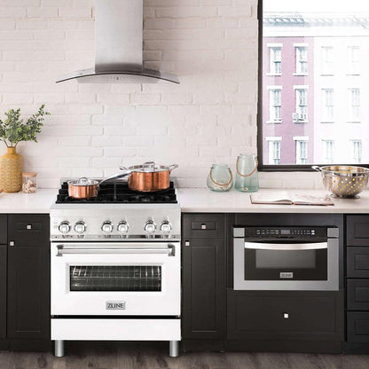 ZLINE 30 in. 4.0 cu. ft. Legacy Dual Fuel Range with 4 Burner Gas Cooktop and Electric Convection Oven in Stainless Steel and White Matte Door (RA-WM-30)