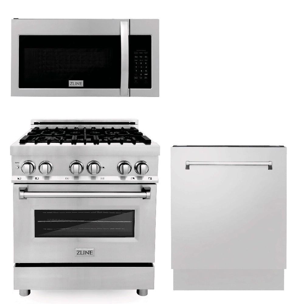 ZLINE Kitchen Package with Stainless Steel 30 in. Dual Fuel Range, 30 in. Over-the-Range Microwave, and 24 in. Dishwasher (3KP-RAOTR30-DW)