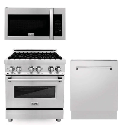 ZLINE Kitchen Package with Stainless Steel 30 in. Dual Fuel Range, 30 in. Over-the-Range Microwave, and 24 in. Dishwasher (3KP-RAOTR30-DW)