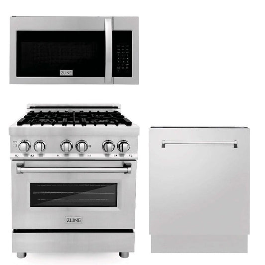 ZLINE Kitchen Package with Stainless Steel 30 in. Dual Fuel Range, 30 in. Over-the-Range Microwave, and 24 in. Dishwasher (3KP-RAOTR30-DW)