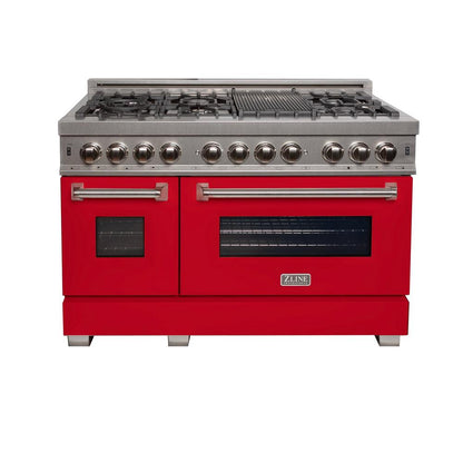 ZLINE 48 in. Kitchen Package with Satin Stainless Steel Dual Fuel Range with Red Matte Door and Convertible Vent Range Hood (2KP-RASRMRH48)