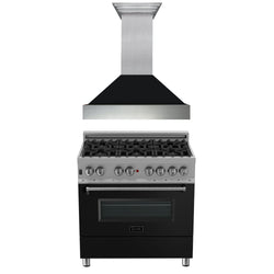 ZLINE 36 in. Kitchen Package with DuraSnow Stainless Steel Dual Fuel Range with Black Matte Door and Convertible Vent Range Hood (2KP-RASBLMRH36)