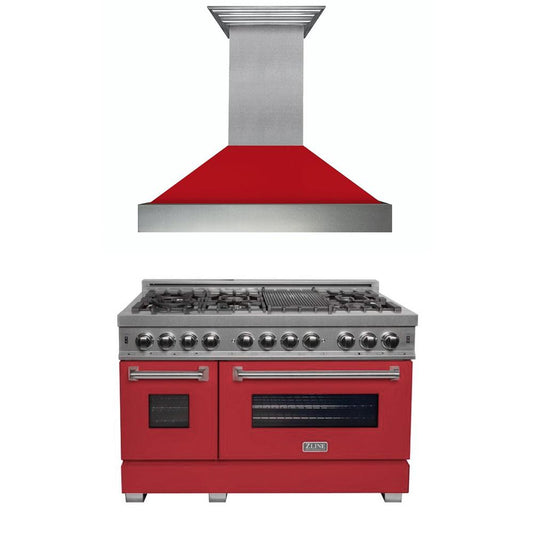 ZLINE 48 in. Kitchen Package with Satin Stainless Steel Dual Fuel Range with Red Matte Door and Convertible Vent Range Hood (2KP-RASRMRH48)