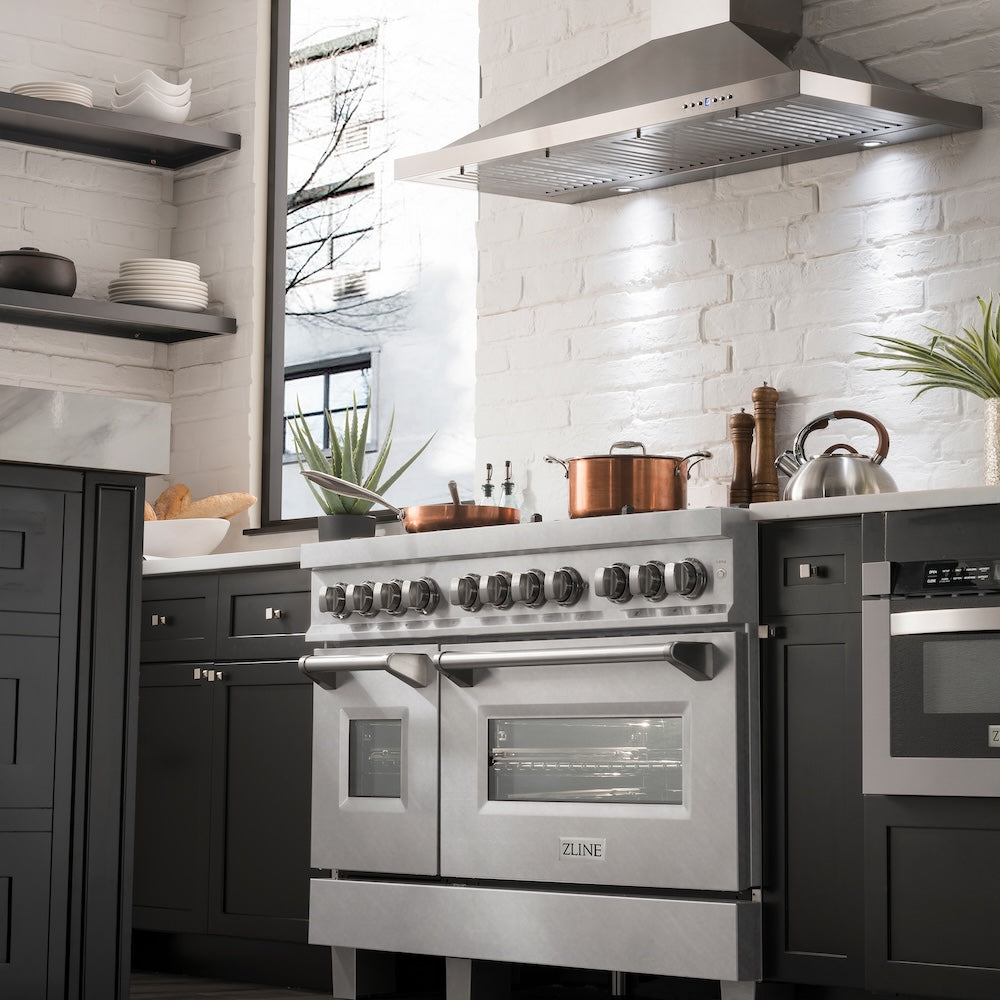ZLINE 48 in. 6.0 cu. ft. Legacy Dual Fuel Range with Gas Cooktop and 2 Electric Ovens in Satin Stainless Steel with 6 Brass Burners (RAS-SN-BR-48)