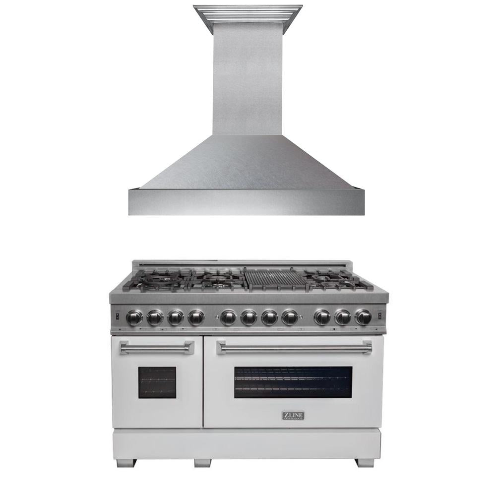 ZLINE 48 in. Kitchen Package with Satin Stainless Steel Dual Fuel Range with White Matte Door and Convertible Vent Range Hood (2KP-RASWMRH48)