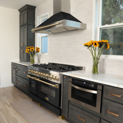 ZLINE Autograph Edition 48 in. 6.0 cu. ft. Legacy Dual Fuel Range with 7 Burner Gas Cooktop and 2 Electric Ovens in Satin Stainless Steel with Black Matte Doors and Champagne Bronze Accents (RASZ-BLM-48-CB)