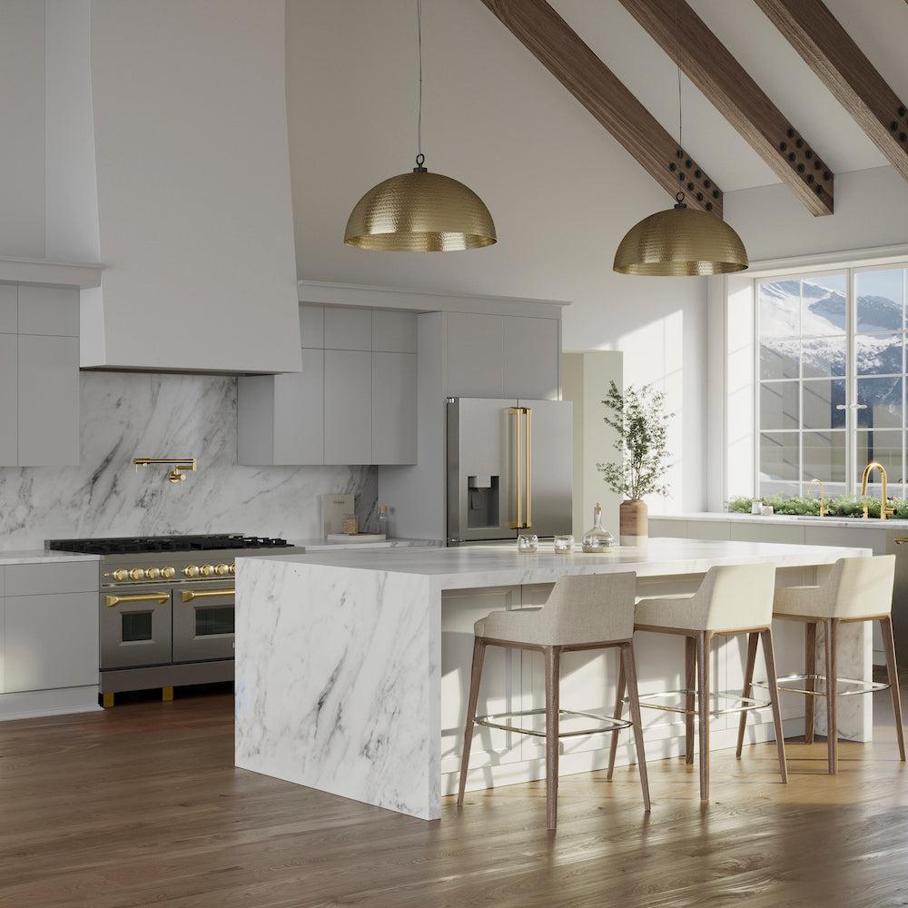 ZLINE Autograph Edition 36 in. 21.6 cu. ft. Counter-Depth French Door Refrigerator with Water and Ice Dispenser in Fingerprint-Resistant Stainless Steel with Polished Gold Traditional Handles (RFMZ-W-36-G)