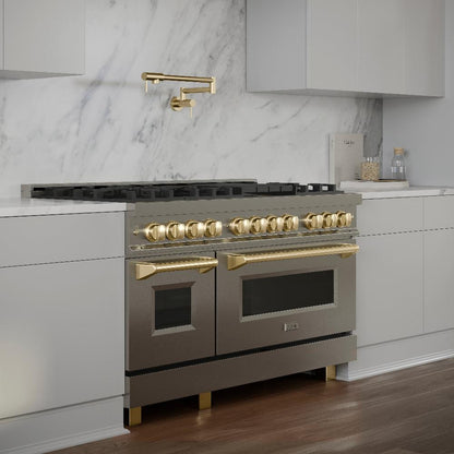 ZLINE Autograph Edition 48 in. 6.0 cu. ft. Legacy Dual Fuel Range with 7 Burner Gas Cooktop and 2 Electric Ovens in Stainless Steel and Polished Gold Accents (RAZ-48-G)