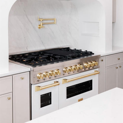 ZLINE Autograph Edition 48 in. 6.0 cu. ft. Legacy Dual Fuel Range with 7 Burner Gas Cooktop and 2 Electric Ovens in Stainless Steel with White Matte Doors and Polished Gold Accents (RAZ-WM-48-G)