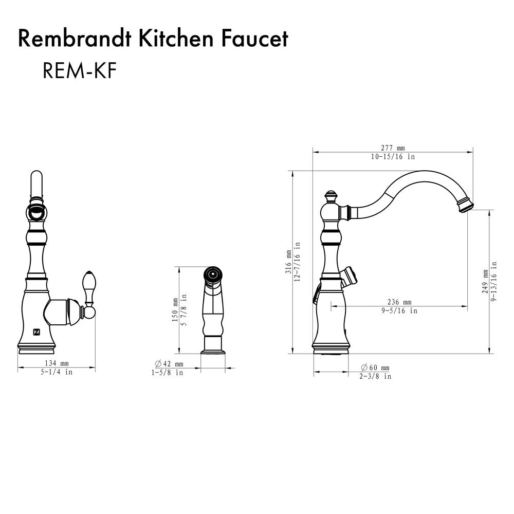 ZLINE Autograph Edition Rembrandt Single Handle Kitchen Faucet and Side Sprayer in Polished Gold (REM-KF-PG)