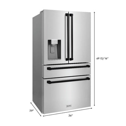 ZLINE Autograph Edition 36 in. Kitchen Package with Stainless Steel Dual Fuel Range, Range Hood, Dishwasher and Refrigerator Including External Water Dispenser with Matte Black Accents (4AKPR-RARHDWM36-MB)