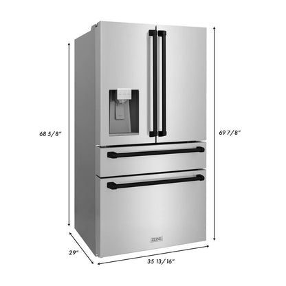 ZLINE Autograph Edition 36 in. 21.6 cu. ft. Counter-Depth French Door Refrigerator with Water and Ice Dispenser in Fingerprint-Resistant Stainless Steel with Matte Black Traditional Handles (RFMZ-W-36-MB)