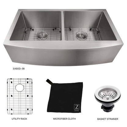 ZLINE 36 in. Niseko Farmhouse Apron Mount Double Bowl Stainless Steel Kitchen Sink with Bottom Grid (SA50D-36)