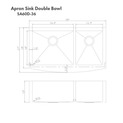 ZLINE 36 in. Courchevel Farmhouse Apron Mount Double Bowl Stainless Steel Kitchen Sink with Bottom Grid (SA60D-36)