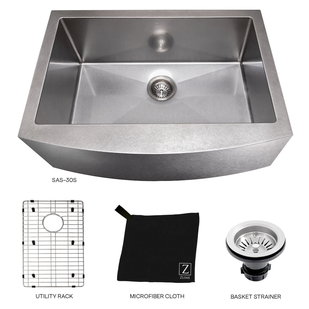 ZLINE 30 in. Zermatt Farmhouse Apron Mount Single Bowl Satin Stainless Steel Kitchen Sink with Bottom Grid (SAS-30S)