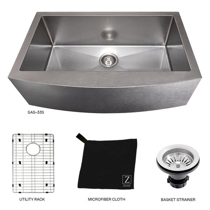 ZLINE 33 in. Vail Farmhouse Apron Mount Single Bowl Stainless Steel Kitchen Sink with Bottom Grid (SAS-33)