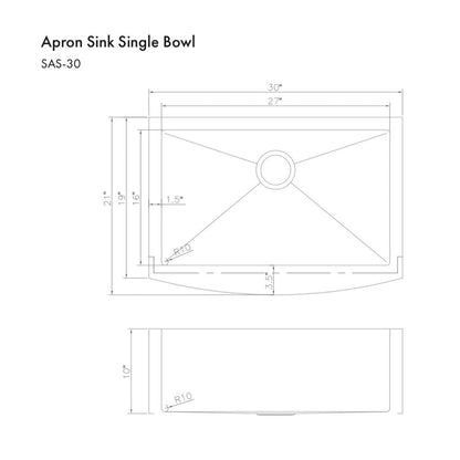 ZLINE 30 in. Zermatt Farmhouse Apron Mount Single Bowl Stainless Steel Kitchen Sink with Bottom Grid (SAS-30)