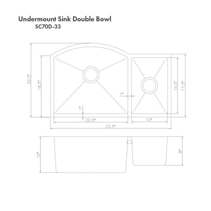 ZLINE Cortina 33 in. Undermount Double Bowl Stainless Steel Kitchen Sink with Bottom Grid (SC70D-33)