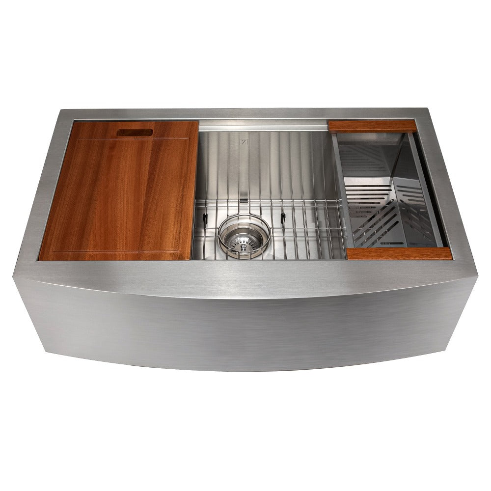 ZLINE 33 in. Moritz Farmhouse Apron Mount Single Bowl Stainless Steel Kitchen Sink with Bottom Grid and Accessories (SLSAP-33)