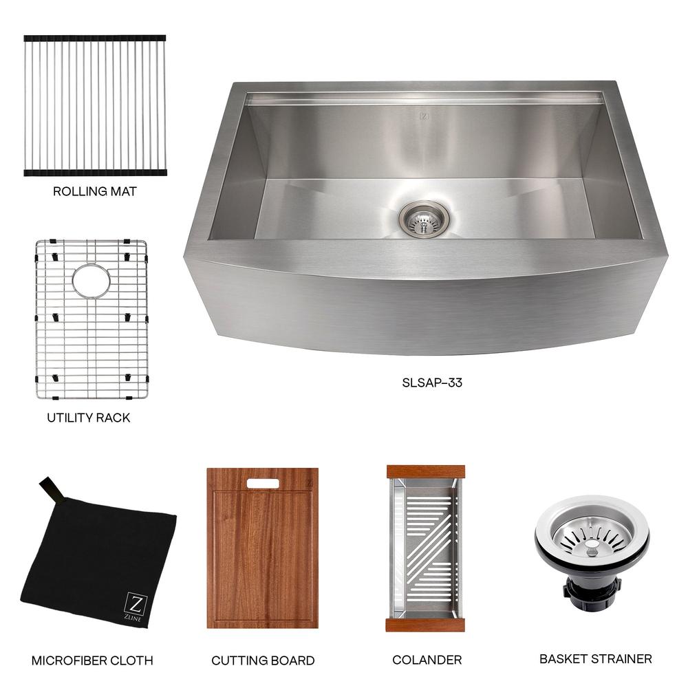ZLINE 33 in. Moritz Farmhouse Apron Mount Single Bowl Stainless Steel Kitchen Sink with Bottom Grid and Accessories (SLSAP-33)